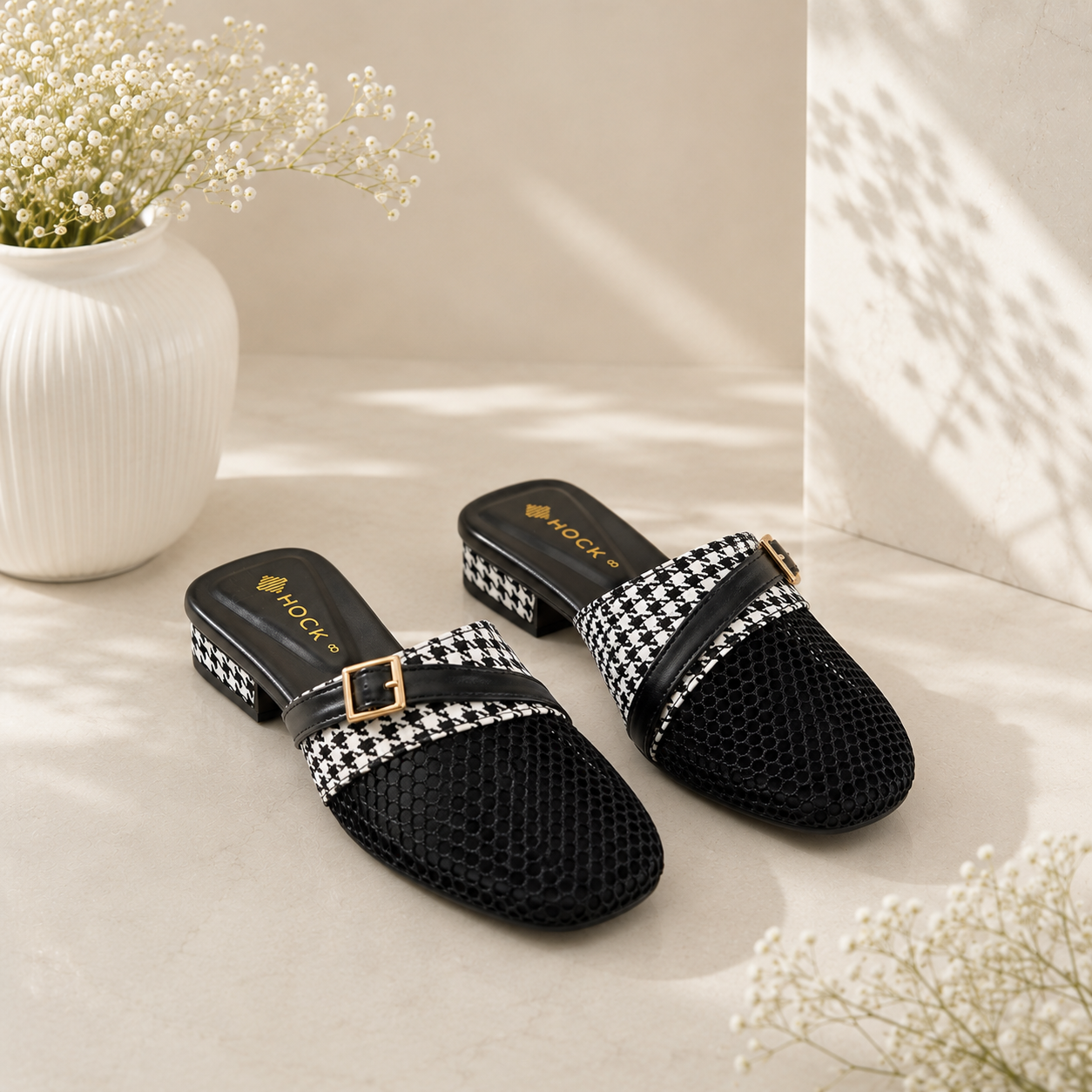Monochrome Mesh Buckle Mules