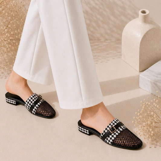 Monochrome Mesh Buckle Mules